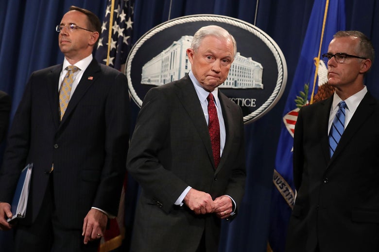 Deputy Attorney General Rod Rosenstein, Attorney General Jeff Sessions, and former Acting FBI Director Andrew McCabe at the Department of Justice July 20, 2017 in Washington, DC.